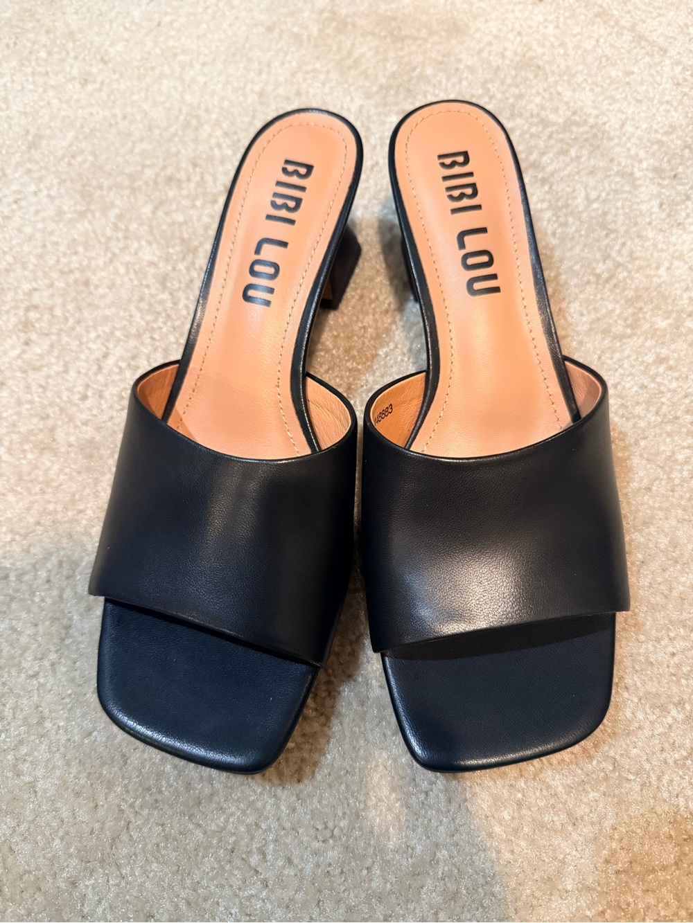 Bibi Lou Black Leather Square-Toe Slide Sandals with Low Block Heel